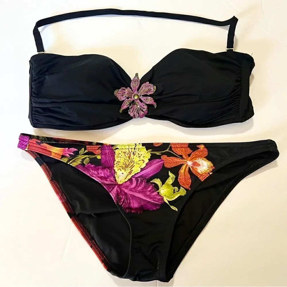 Retro Victoria’s Secret 2 Piece Tropical Bikini Swim Black Floral Low Rise S & L